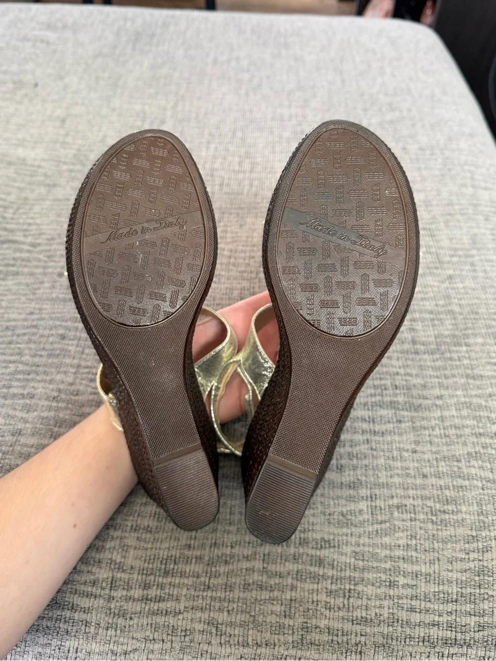 Gold and Brown Strapped High Heeled Wedge Sandals by Italian Shoemakers Size 9